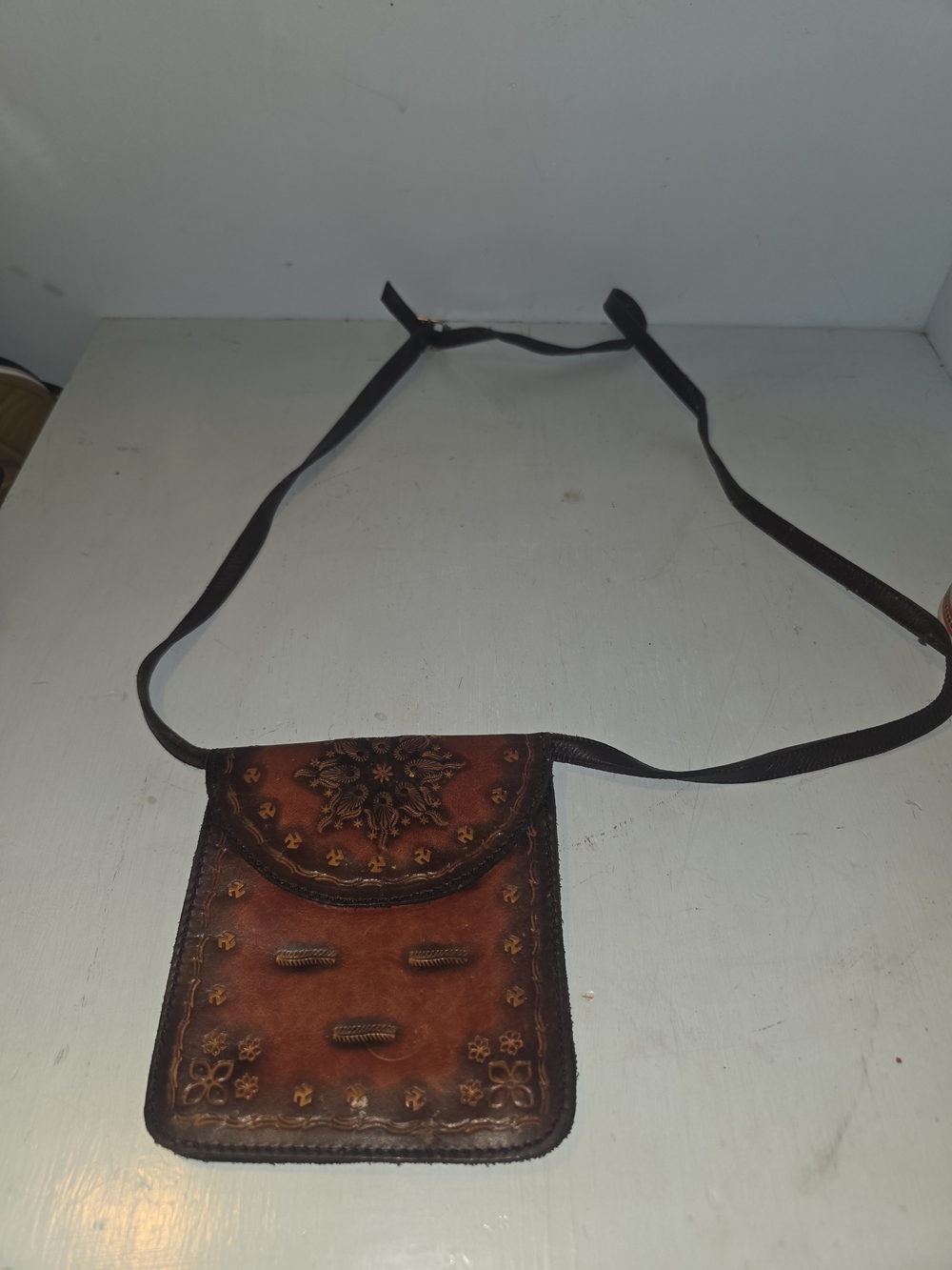 Handcrafted Brown Leather Crossbody Pouch - Boho Floral Detailing
